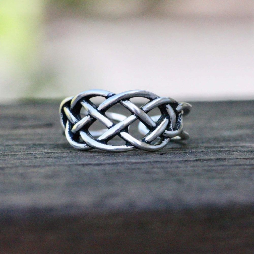 New Woven Open Work Celtic Love Knot Band Ring Silver, Handmade, Adjustable Size